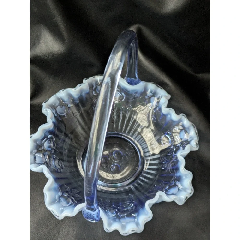 Fenton Glass Bride Basket Raffled Lavender Blue Opalescent Cabbage Rose 7.5 Inch